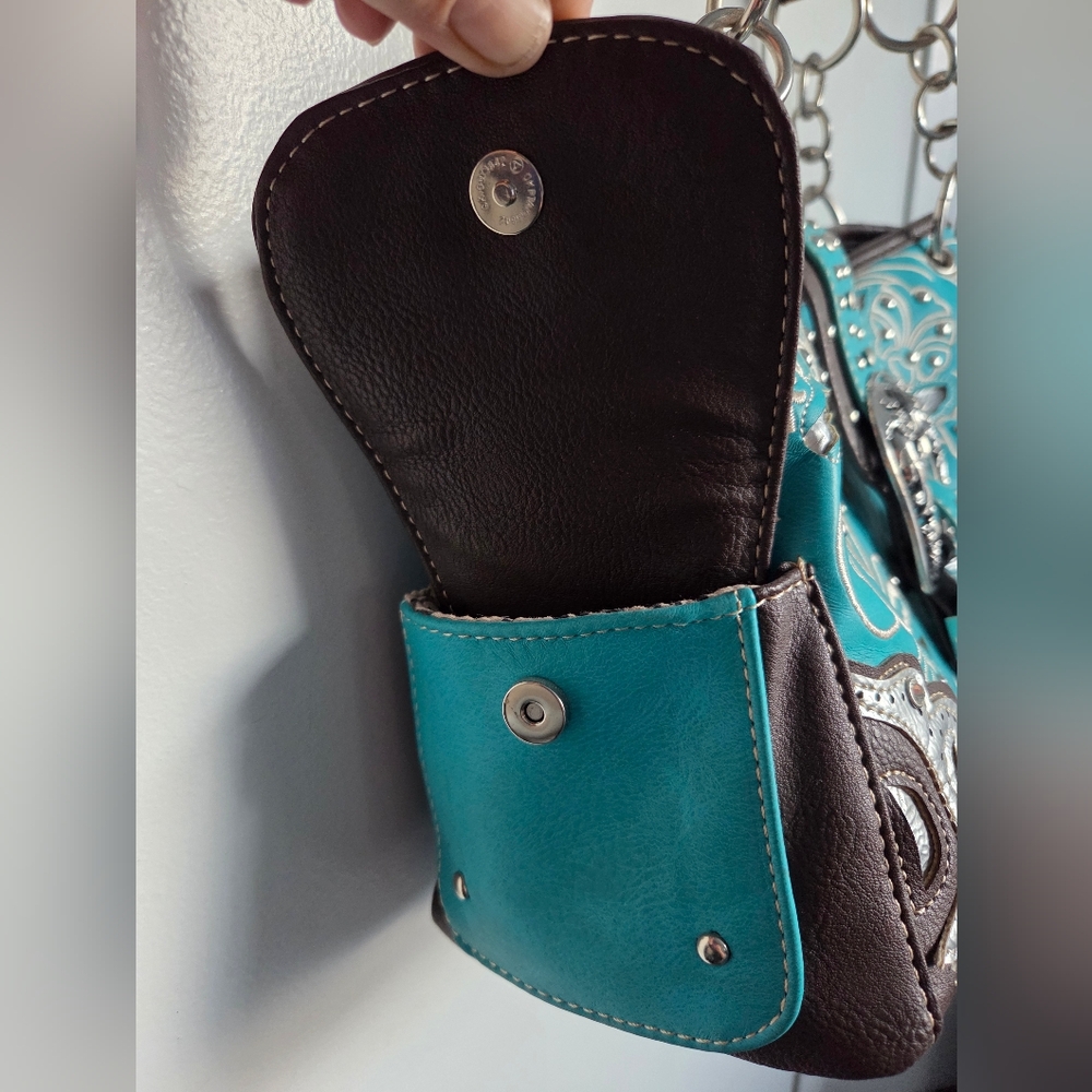 Western Rhinestone Turquoise Brown Conceal Carry Buckle Floral Women's Handbag - Picture 9 of 16